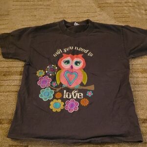 5/25 Alstyle Kids T-Shirt with Owl and Floral Design - Brown Size M..